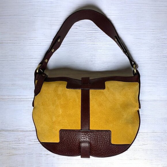 Burberry Suede & Leather Hobo Shoulder Bag Mustard Yellow Dark Brown 10"x8"x2" - Picture 13 of 13